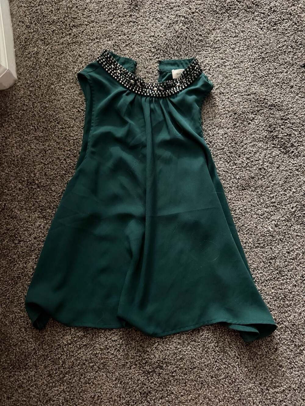 Sugar + Lips Dark Green Sleeveless Beaded Collar Blouse
